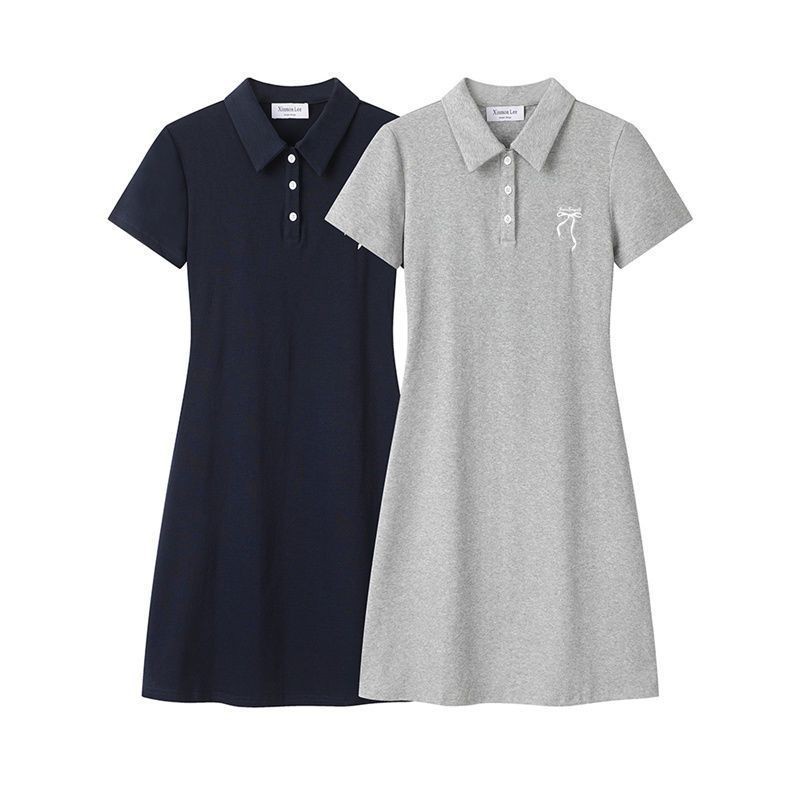 ผู้หญิงฤดูร้อนเกาหลีสันทนาการ Academy สไตล์ POLO Collar ปัก A-line Slim Fit Dress