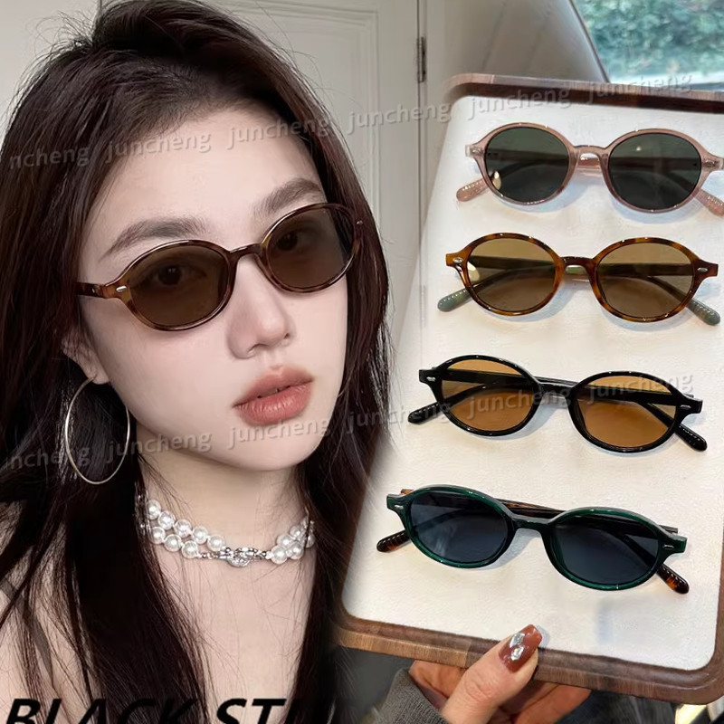 แฟชั่นเกาหลี Retro Oval Frame แว่นตากันแดดสําหรับผู้หญิงผู้ชาย Y2K Leopard Tea เหมาะสําหรับ UV Protection Shades