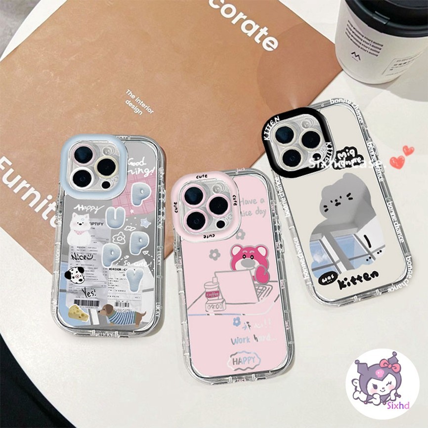 SAMSUNG การ์ตูนน่ารักหมีและแมวกระจกสําหรับsamsung A13 A14 A54 A55 A15 A35 A34 A12 A05 A05s A32 A03s A24 A25 A51 A10s S23FE S24 UltraกันกระแทกAnti-Fallเคสโทรศัพท์