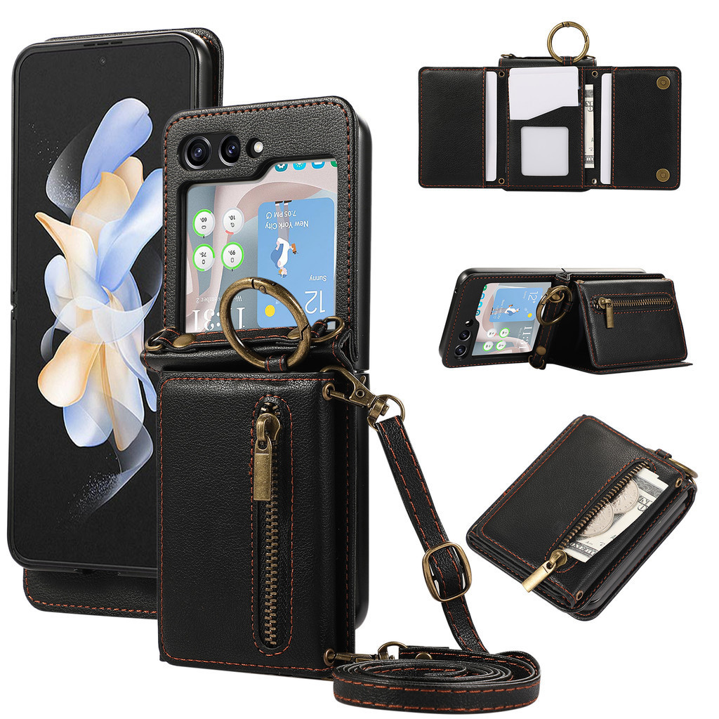 SAMSUNG แหวนcrossbodyซิปเคสโทรศัพท์สําหรับsamsung Galaxy Z Flip 6 5 4 3 Flip6 Flip5 Flip4 Flip3 5Gกระเป๋าสตางค์พร้อมช่องใส่การ์ดฝาครอบ