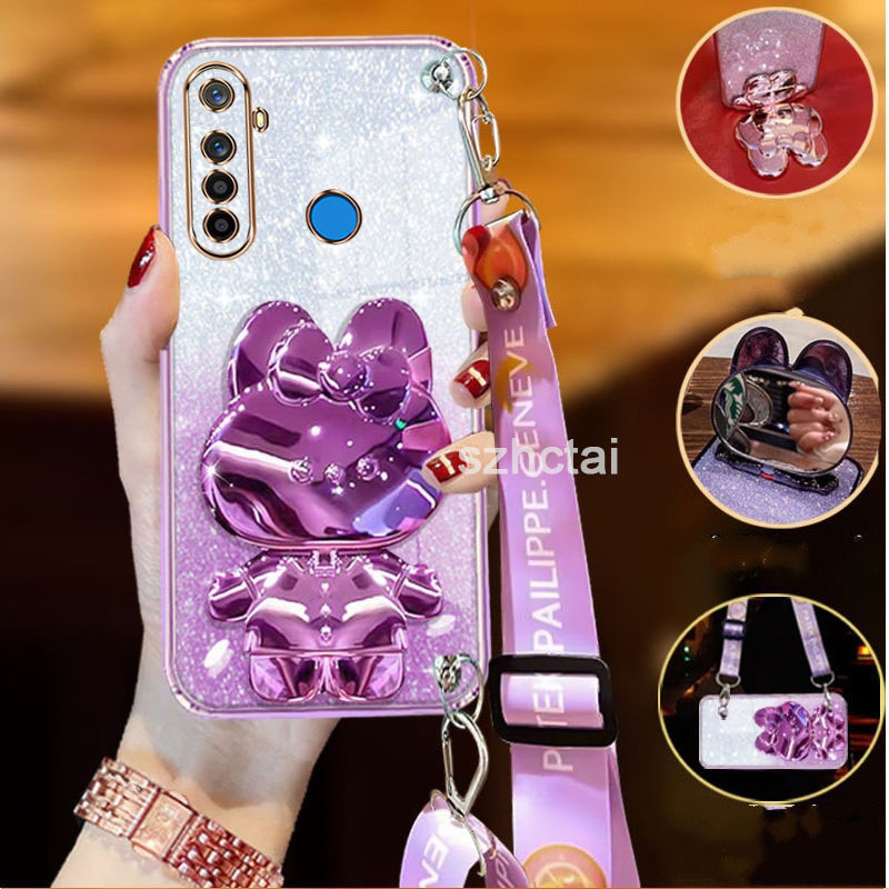 เคส Realme 5 5i 5s 6i c3 5 Pro ที่อยู่อาศัยยาวสายรัดข้อมือสไตล์กับกระต่ายยืนกระจกแต่งหน้าหรูหรานุ่ม tpu กรณีโทรศัพท์ปกหลัง เคสโทรศัพท์ Realme 5 5i 5s 6i c3 5 Pro