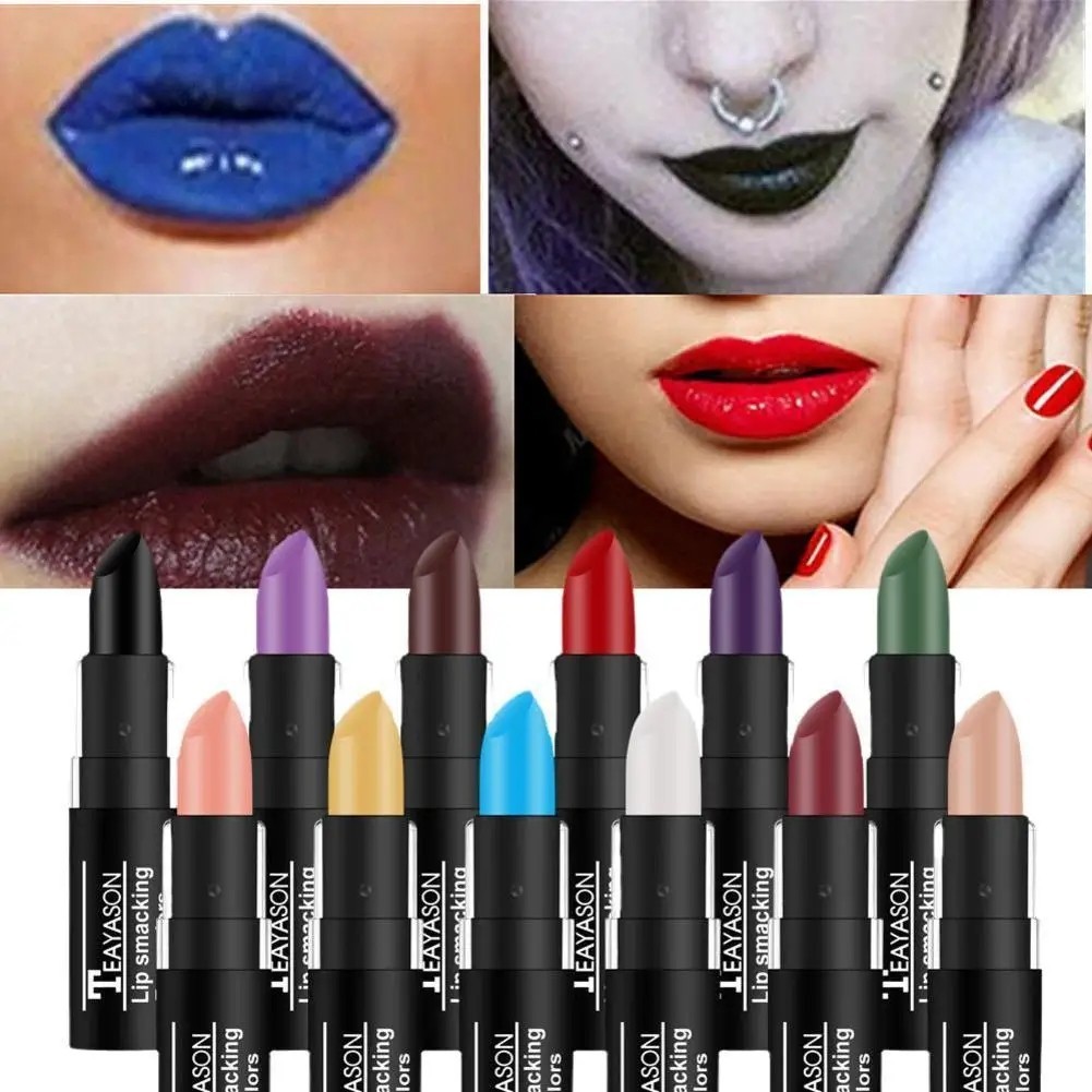 12 สีฮาโลวีนสร้างสรรค์แต่งหน้าลิปสติกสไตล์พังก์สีขาวเปลือยมะกอกสีเขียวสีดําสีม่วงย้อนยุคไนท์คลับลิปแต่งหน้าเครื่องสํา