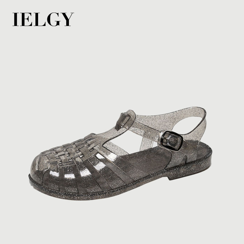 IELGY คริสตัล อุดตัน แจ๊กเก็ตผู้หญิงรองเท้าแตะนิ้วเท้าพลาสติกใส