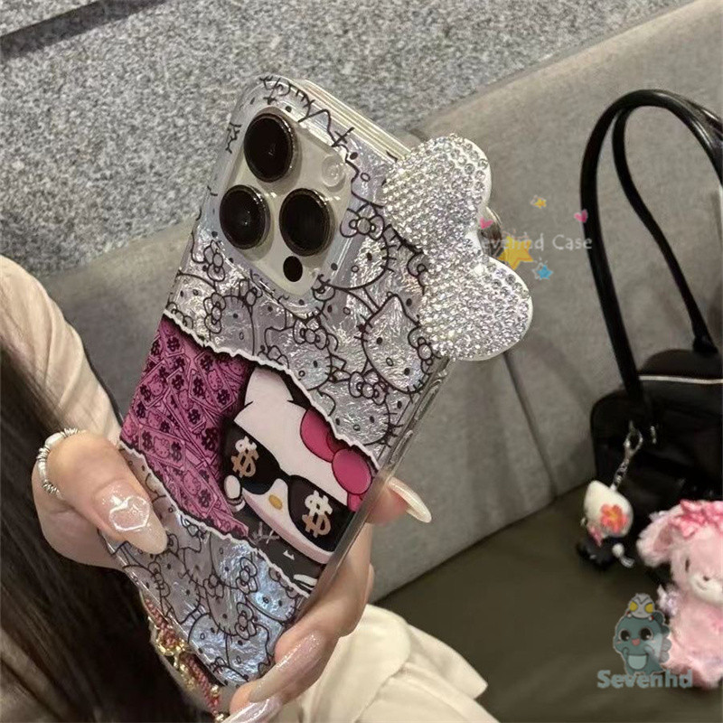 รับ Rich Kitty Cat ปลอก + Silver Bowknot สําหรับ iPhone 11 7 Plus 16 15 14 13 12 Pro Max Xr X Xs Max 8 6Plus KT กันกระแทกป้องกันการ์ตูนลูกแมว 3D Diy เคสโทรศัพท์ + Lanyard