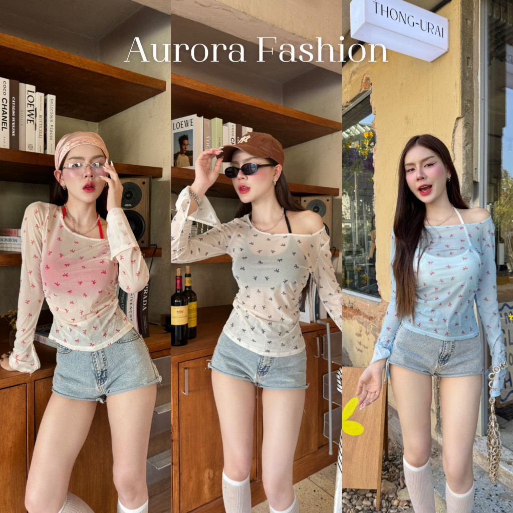 Aurora🛒พร้อมส่ง🚚 (รูปถ่ายจากงานจริง) เสื้อแขนยาวลายโบว์กับสายเดี่ยวคล้องคอครอป สินค้าสไตล์เกาหลี