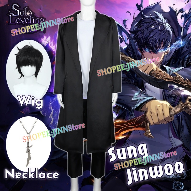 - Jinn - SOLO LEVELING ซีซั่น 2 Jin Woo Sung คอสเพลย์เครื่องแต่งกายวิกผมสร้อยคอชุดอะนิเมะ Party Carnival เครื่องแบบ