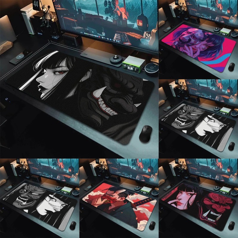Anime Girls Samurai Oni Mask Mousepad แผ่นรองเมาส์สําหรับเล่นเกมขนาดใหญ่ Professional Premium Desk Mat อุปกรณ์คอมพิวเตอร์ Gamers