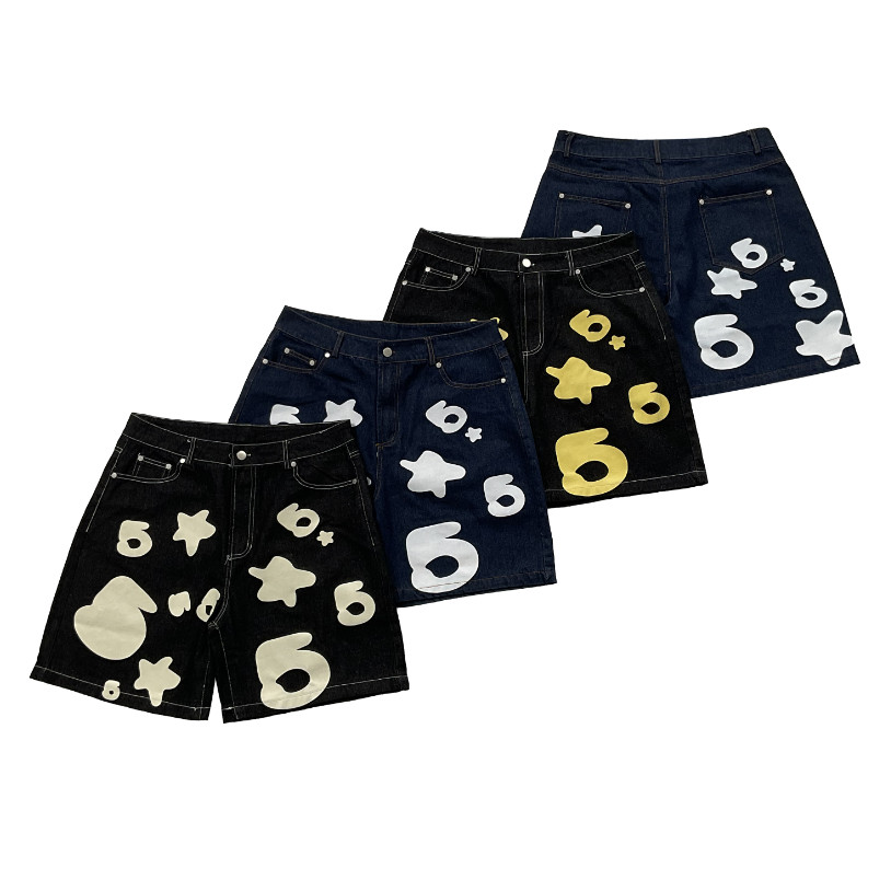 Sp55der 555 High Street Loose Street Wash กางเกงยีนส์ขาสั้น Unisex