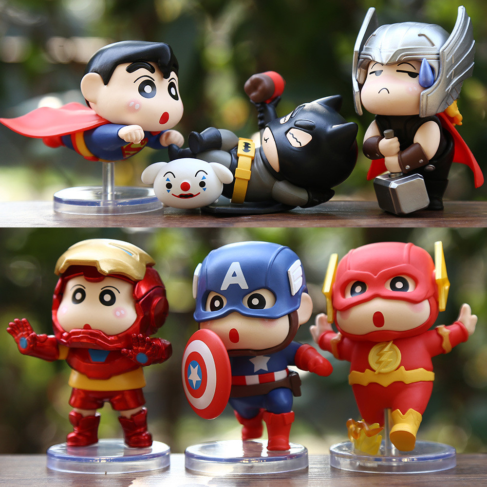 6 ชิ้น/เซ็ต 6-9 ซม.อะนิเมะ Crayon Shin-chan คอสเพลย์ Avengers กัปตันอเมริกา Iron Man Superman Batman Thor แฟลชรุ่น Q PVC Action Figures ตุ๊กตาของเล่น