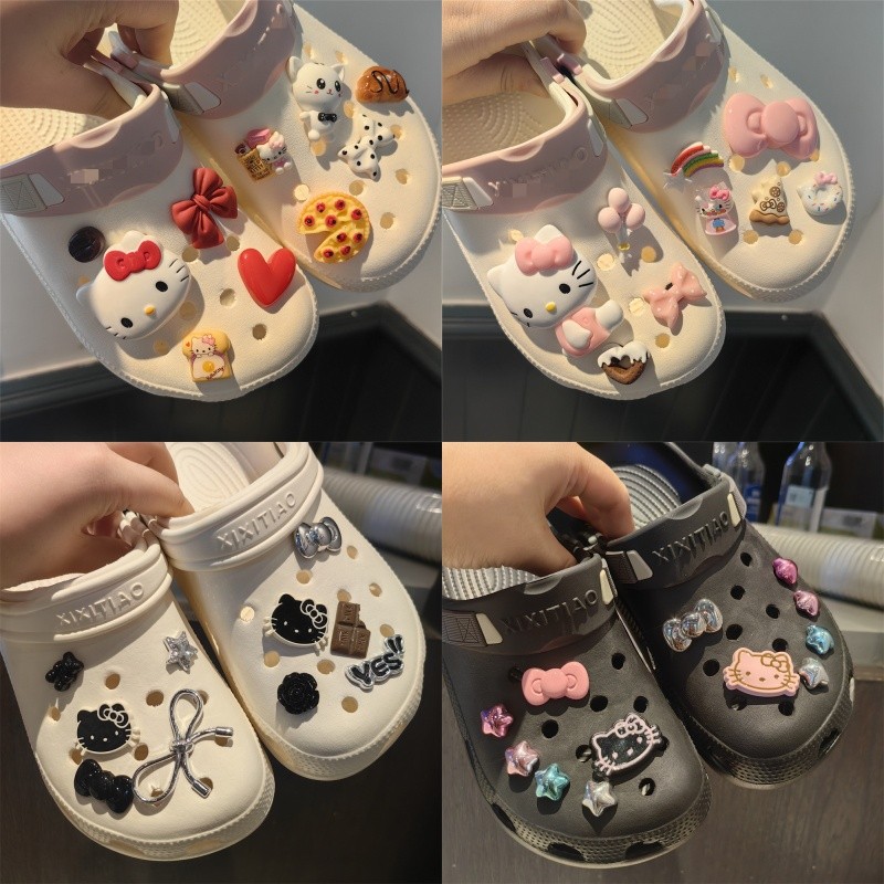 10 ชิ้น/เซ็ตน่ารัก Hello Kitty รองเท้า Croc Charms PVC รองเท้าตกแต่ง Clogs รองเท้าผ้าใบรองเท้าแตะอุป