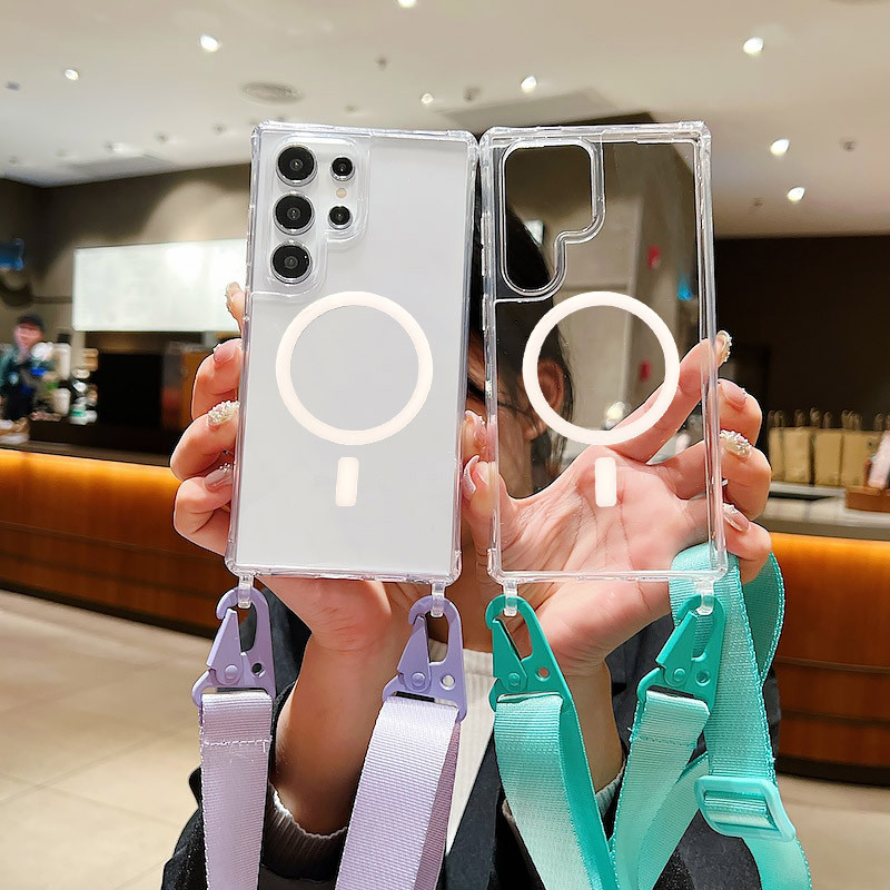 Crossbody Magnetic Wireless Charging Case สําหรับ Samsung S25 S23 S24 Plus S25 Ultra สายคล้อง Lanyard เข็มขัดอะคริลิคใสกันกระแทก