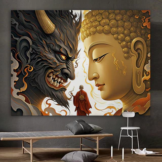 จัดส่งจากไทย) ผ้าแขวนบุคลิกภาพของ Agirl Demon และ Buddha ผ้าพื้นหลังศิลปะตกแต่งผ้าใบห้องนั่งเล่นการจัดวางข้างเตียง