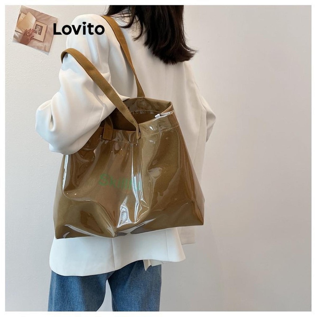 Lovito กระเป๋าสะพายไหล่กระเป๋าใสความจุขนาดใหญ่เรียบง่ายหรูหราธรรมดาสําหรับผู้หญิง LFA62522