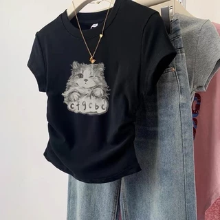 เสื้อยืดไหล่แมว สีดำ แขนสั้น สำหรับผู้หญิง ฤดูร้อน ดีไซน์ใหม่ ดีไซน์เก๋ ทรงสลิมฟิต เสื้อครอป เหมาะสำหรับผู้หญิง