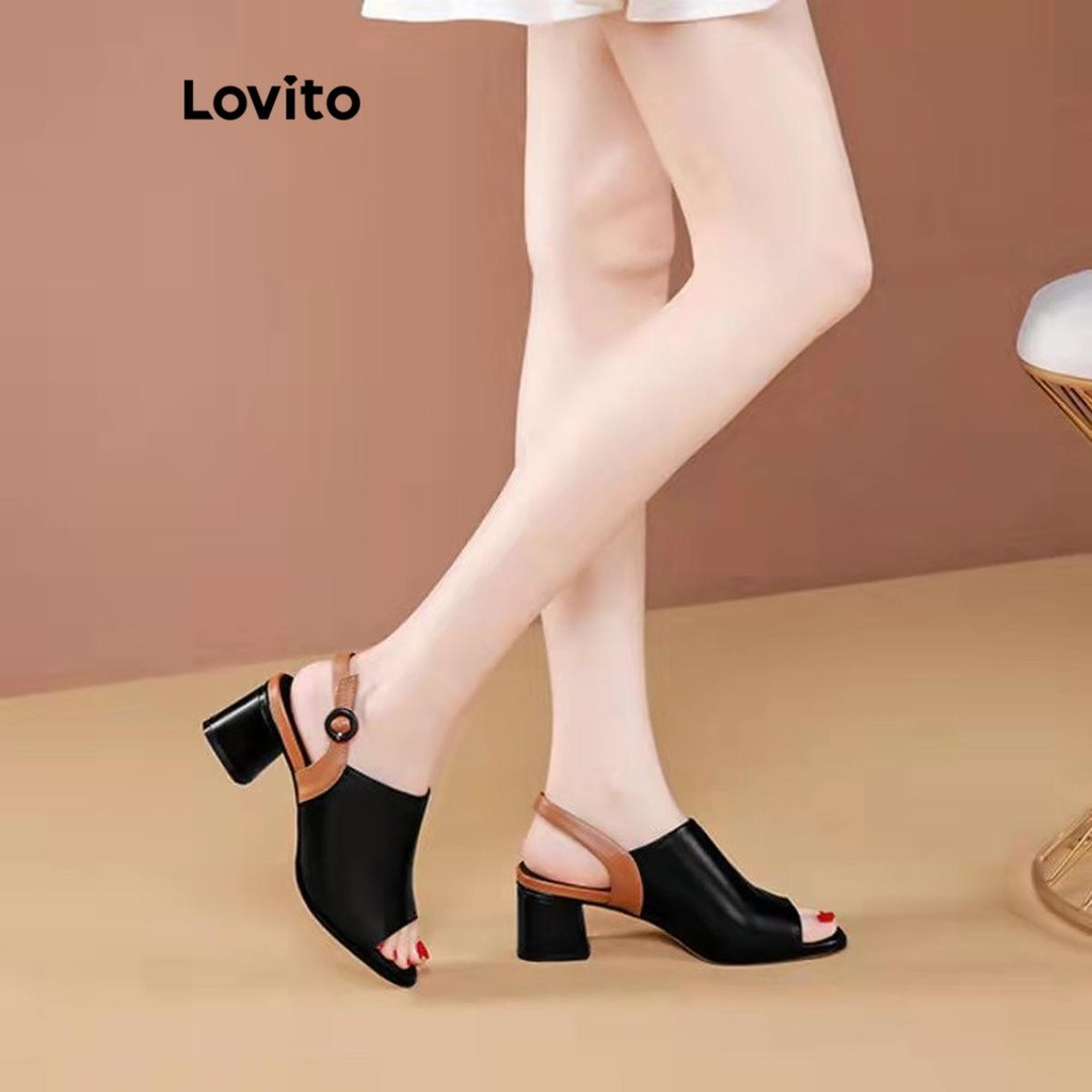 Lovito สง่างามธรรมดา บล็อกสี รองเท้าปากปลาส้นบล็อกอเนกประสงค์ที่เรียบง่ายสําหรับผู้หญิง  LFA65247