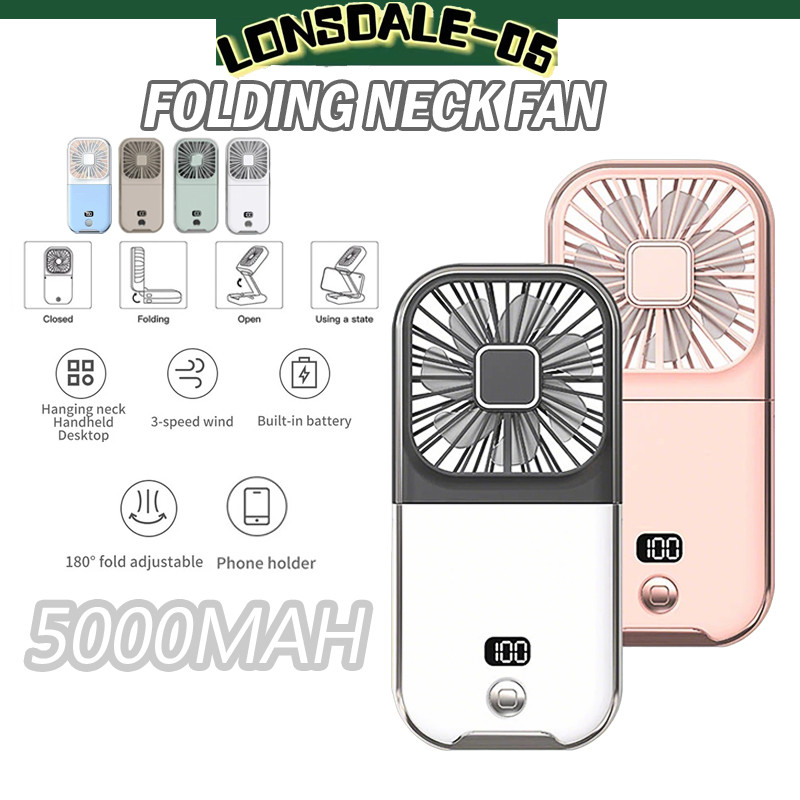 พัดลมห้อยคอ 5000mAhความจุสูง พัดลมติดมือ พัดลมพกพา usb ปรับความเร็วได้ 3 ระดับ มแรงแบตนานแฟนมือถือ2in1ที่วางโทรศัพท์