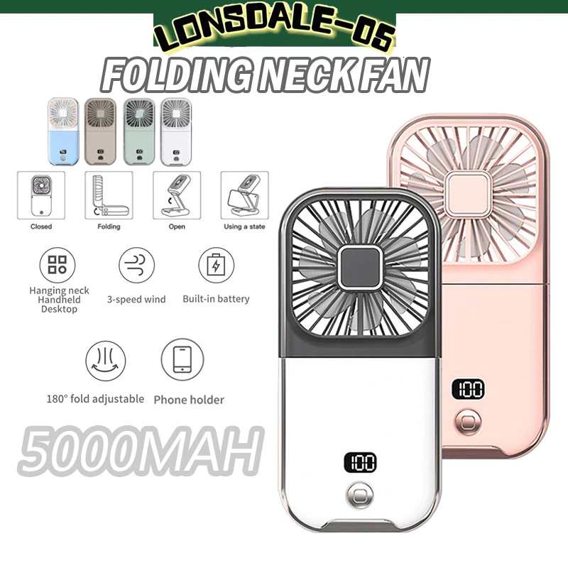 พัดลมห้อยคอ 5000mAhความจุสูง พัดลมติดมือ พัดลมพกพา usb ปรับความเร็วได้ 3 ระดับ มแรงแบตนานแฟนมือถือ2in1ที่วางโทรศัพท์