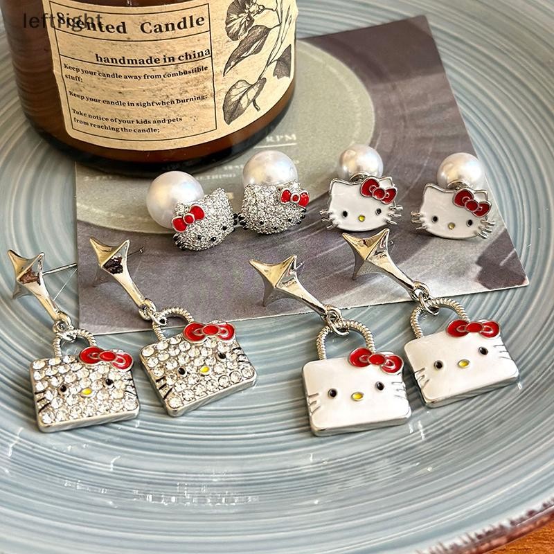 【GONG 】 1 คู่ Hello Kitty Sparkling Diamond Stud ต่างหูอะนิเมะ   KT Cat Bow Stud Kawaii ผู้หญิงเครื่