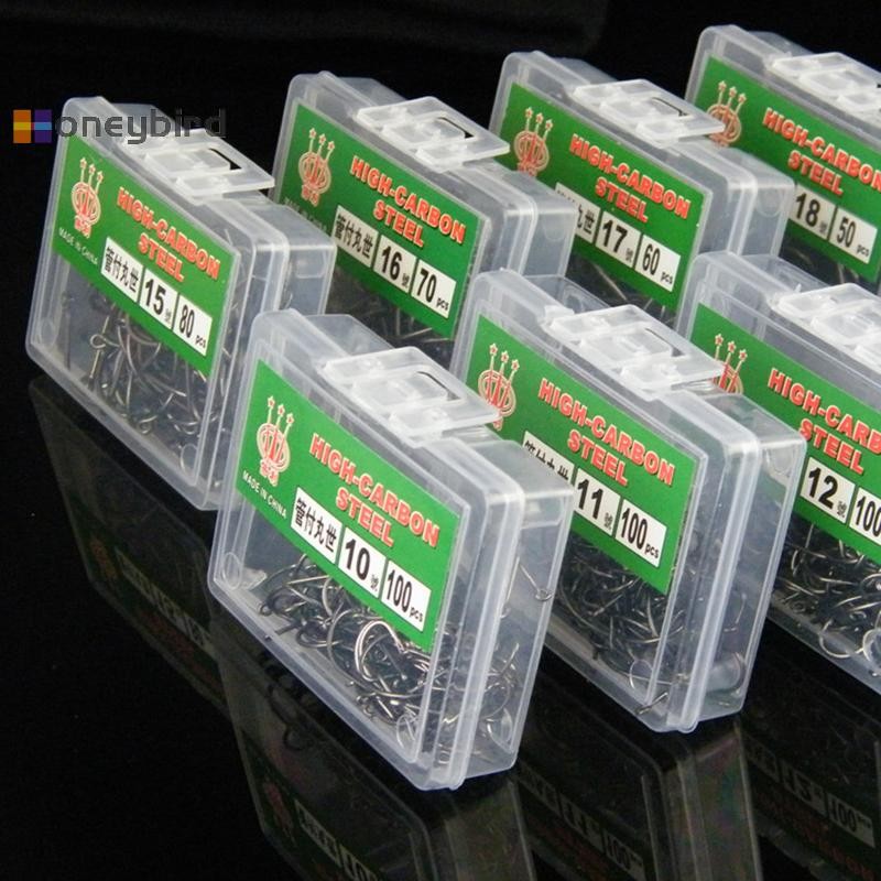 Honeybird 100 ชิ้น Boxed Tube Maruse Hooks สีดําเหล็กคาร์บอนสูง Coon และ Sea Fishing Hooks พร้อมแหวนและ Barbed ลวด