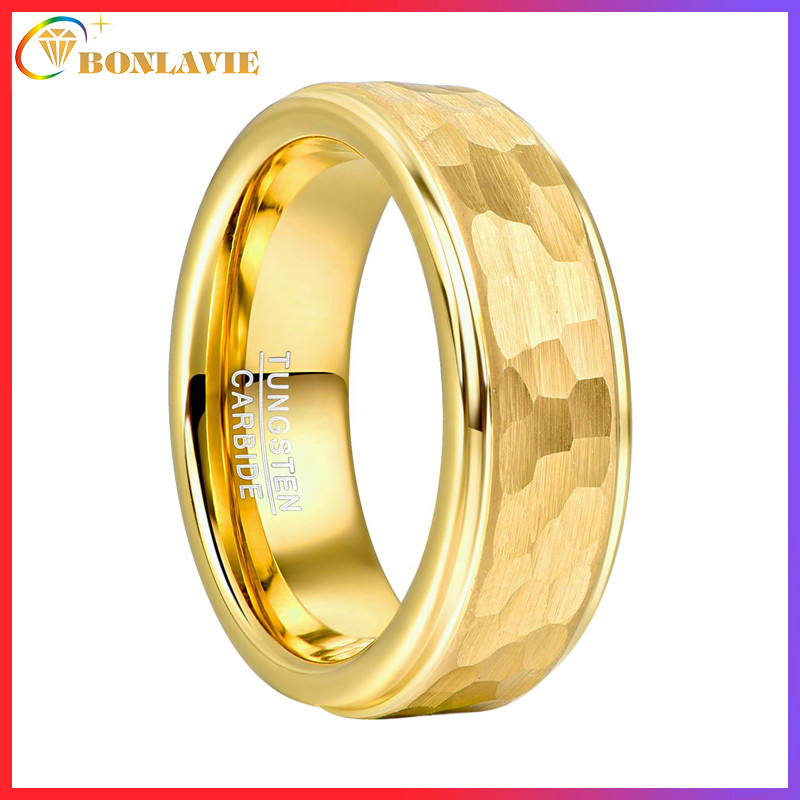 Bonlavie 【รองรับการแกะสลัก】แหวนทังสเตน สีทอง 8 มม. ใส่สบาย ไซซ์ 7-12 สําหรับผู้ชาย