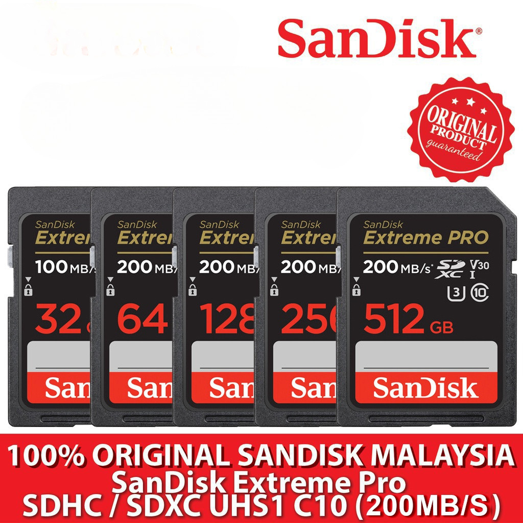 การ์ดหน่วยความจํา SanDisk Extreme Pro SD SDXC 64GB 128GB 256GB 512GB 200mb/s UHS-I V30 U3 200mb Class 10
