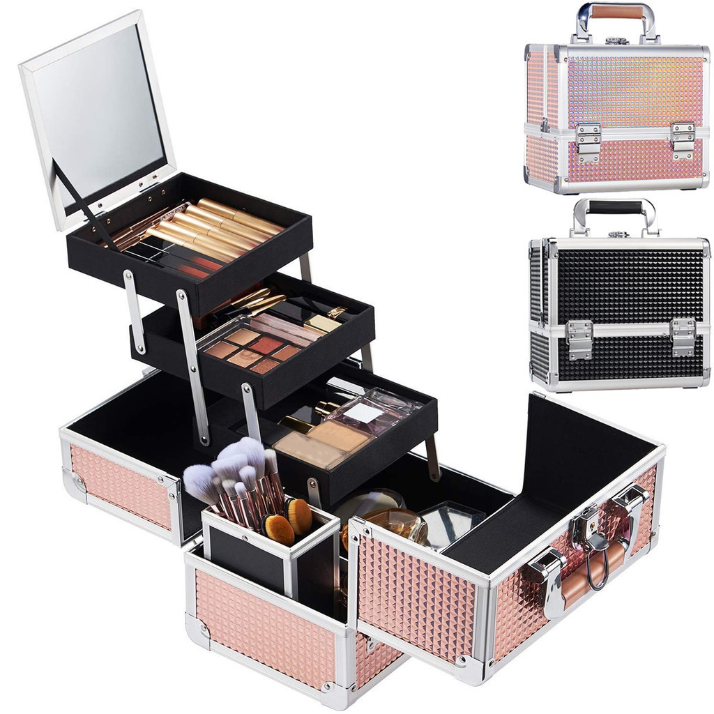 กล่องเครื่องสําอาง อลูมิเนียม 3 ชั้น พับได้ พร้อมกระจกแต่งหน้า ขนาดใหญ่ เหมาะกับการเดินทาง แบบมืออาชีพ