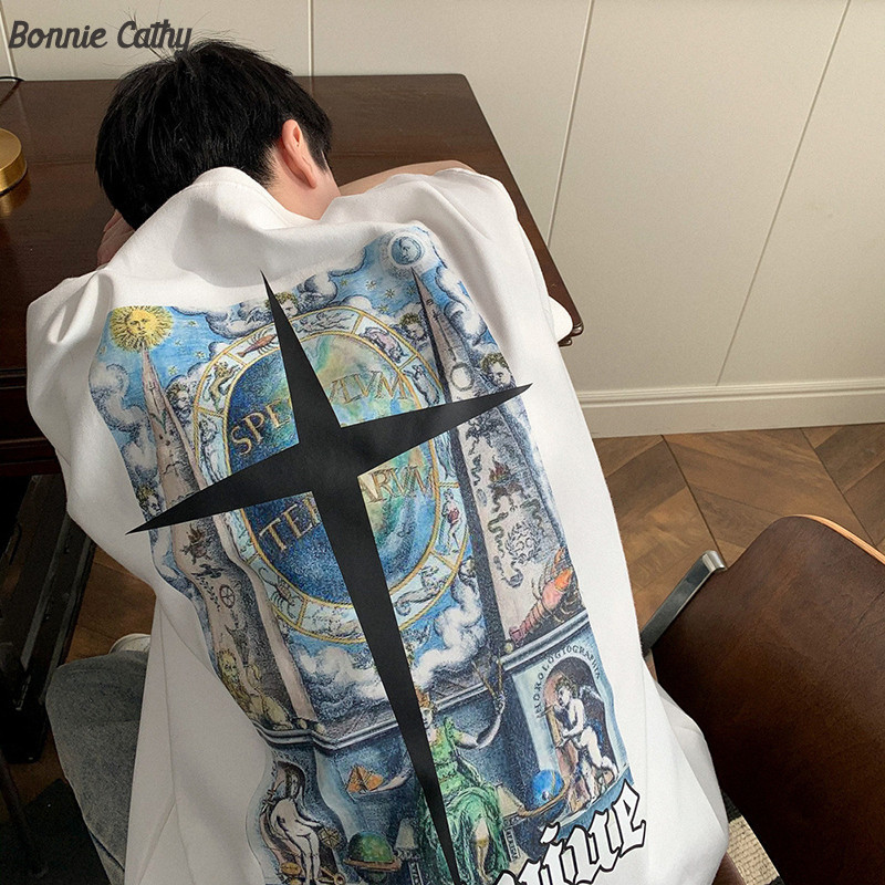 Bonnie Cathy  ไม่ เสื้อยืดแขนสั้นผู้ชายถูพื้นและผ่อนคลายสไตล์อเมริกันย้อนยุคไฮสตรีทขนาดใหญ่เกินไปฤดูร้อน