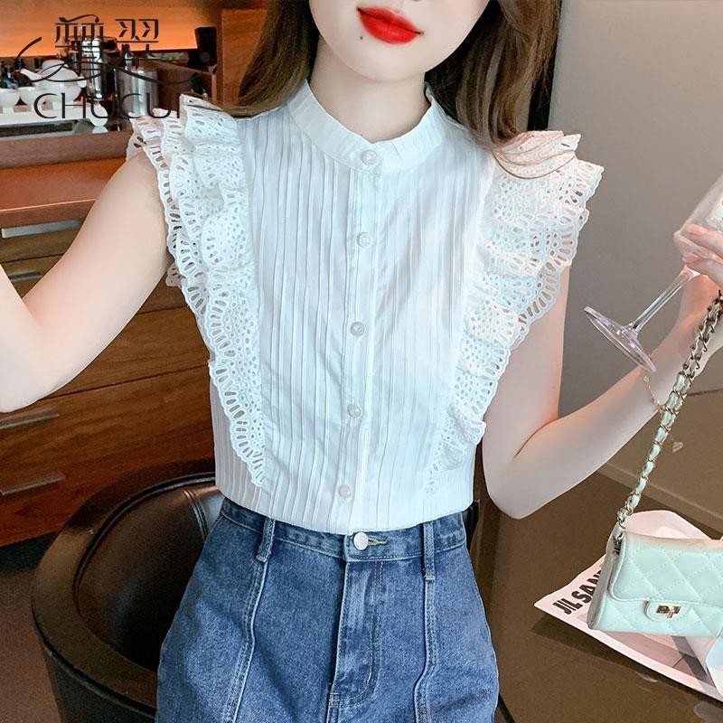 เสื้อเชิ้ตแขนสั้น ผ้าชีฟอง แต่งระบาย สไตล์ฝรั่งเศส แฟชั่นฤดูร้อน สําหรับผู้หญิง 202420240422 - รูปที่ 2