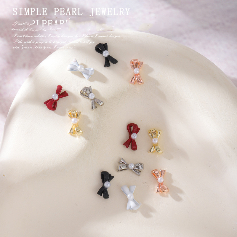 เครื่องประดับ เนคไทโบว์โลหะ ประดับไข่มุก สามมิติ สไตล์ญี่ปุ่น สําหรับตกแต่งเล็บ DIY จํานวน 5 ชิ้น