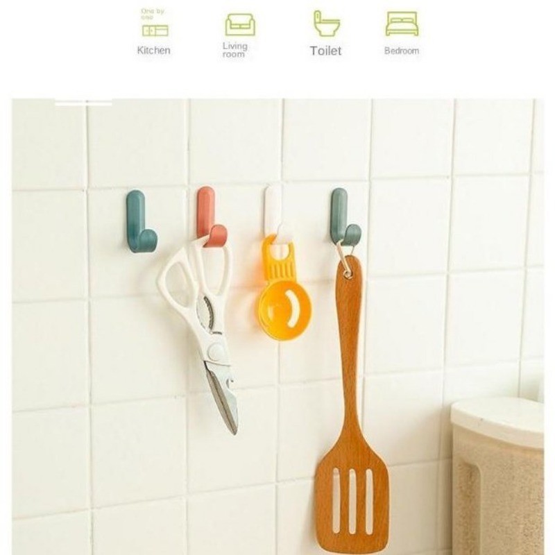 HAPPY HOMLIV [4pcs] ตัวแขวนเสื้อรูปตัว J พร้อมสติ๊กเกอร์ไร้รอยต่อ ตะขออเนกประสงค์สำหรับห้อง ประตู ห้องครัว - รูปที่ 4