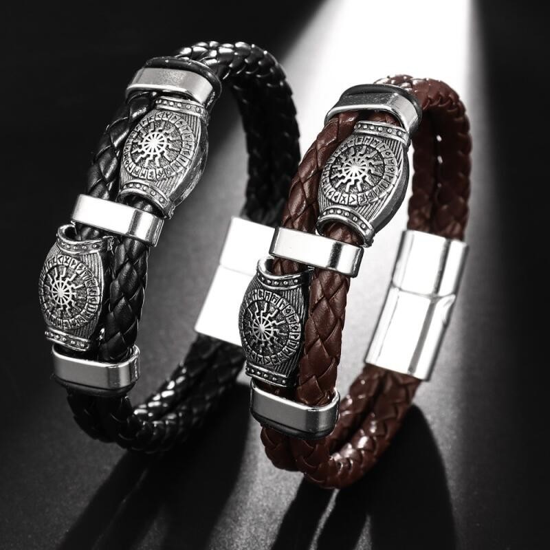 Viking สร้อยข้อมือหนัง เข็มทิศ ตราสัญลักษณ์ สไตล์ฮิปฮอป เรโทร เครื่องประดับแฟชั่น สําหรับผู้ชาย