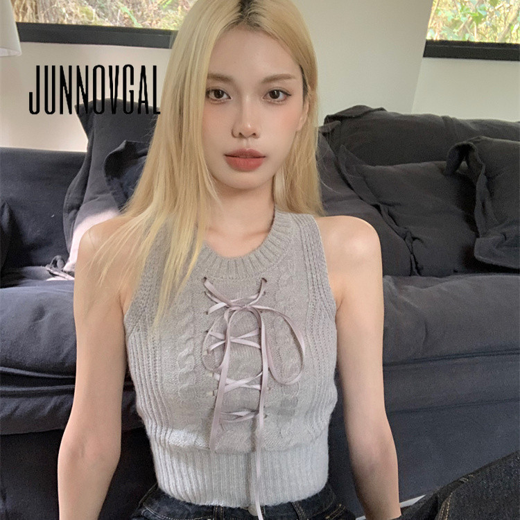 Junnovgal ผู ้ หญิง Camisole Retro ถักสีทึบรอบคอ Casual 2024 สไตล ์ ใหม ่ Slim Fit