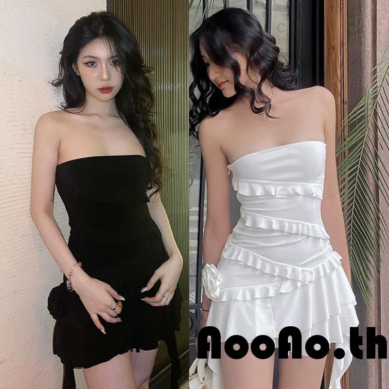 Aooao-มินิเดรสผู้หญิงแขนกุดปิดไหล่ไม่สม่ำเสมอฉัตร Ruffle Tube ชุดเดรส