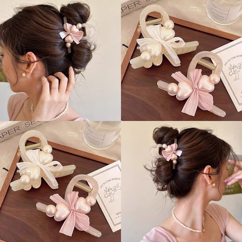 กิ๊บติดผมรูปโบว์สีชมพูหัวใจ Girly กิ๊บฉลามรักระดับไฮเอนด์ของผู้หญิงมีกิ๊บติดผมขนาดใหญ่ด้านหลังศีรษะ