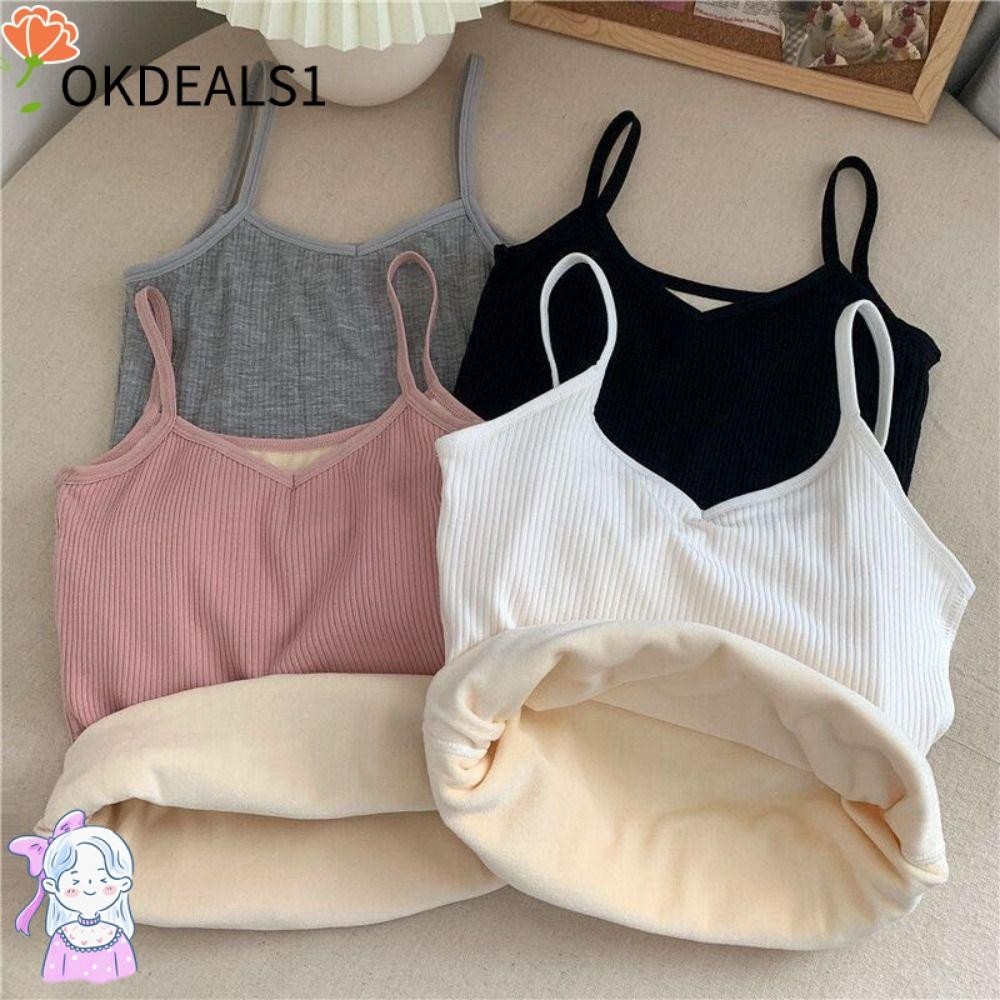 Dealshop เสื้อกล้ามผู้หญิง, สีพื้น หนา ความร้อน เสื้อครอป แขนกุด บาง ฤดูใบไม้ร่วง ฤดูหนาว