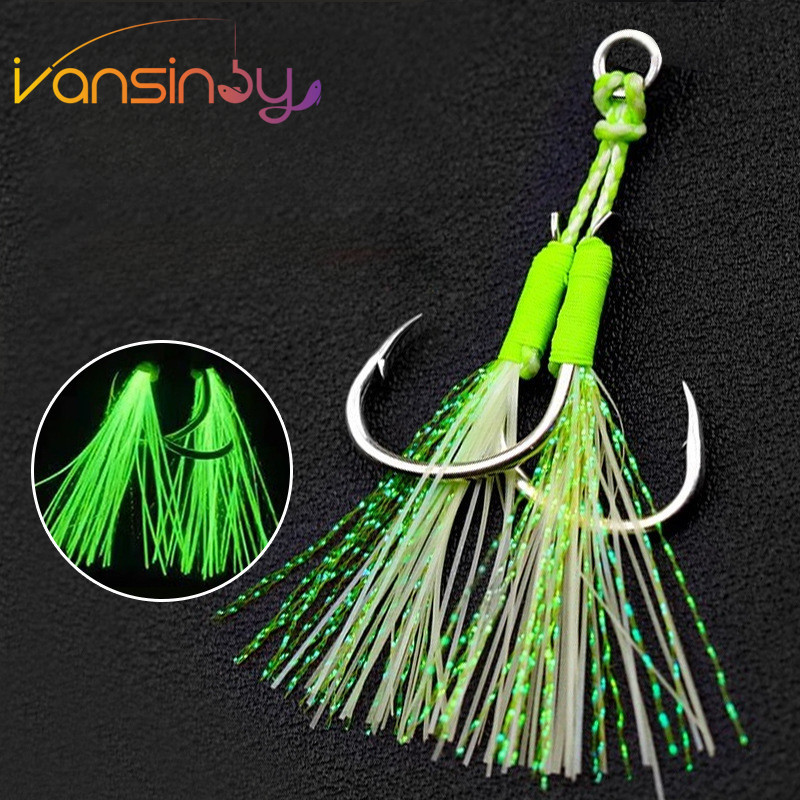 1pcs Luminous Fishing Hook 1/0-4/0 Assist jig Lure UV Double Hook Slow Fast คู่ Jigging Fish jig Assist Hooks