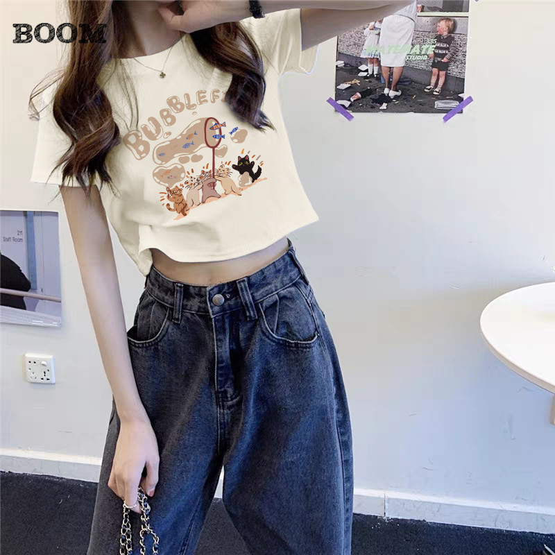 (กรุงเทพจัดส่งสินค้า)BOOM Shop ผอมพอดีสั้นเสื้อยืดผู้หญิงแขนสั้นด้านบนแสดงผอมอเมริกันร้อนสวมใส่
