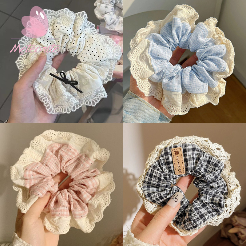 Simple ลายสก๊อตดอกไม้ยืดหยุ่นผมขนาดใหญ่ - Elegant Lace Bow Scrunchies - สาวผมหางม้ายางรัดผ้าโพกศีรษะ