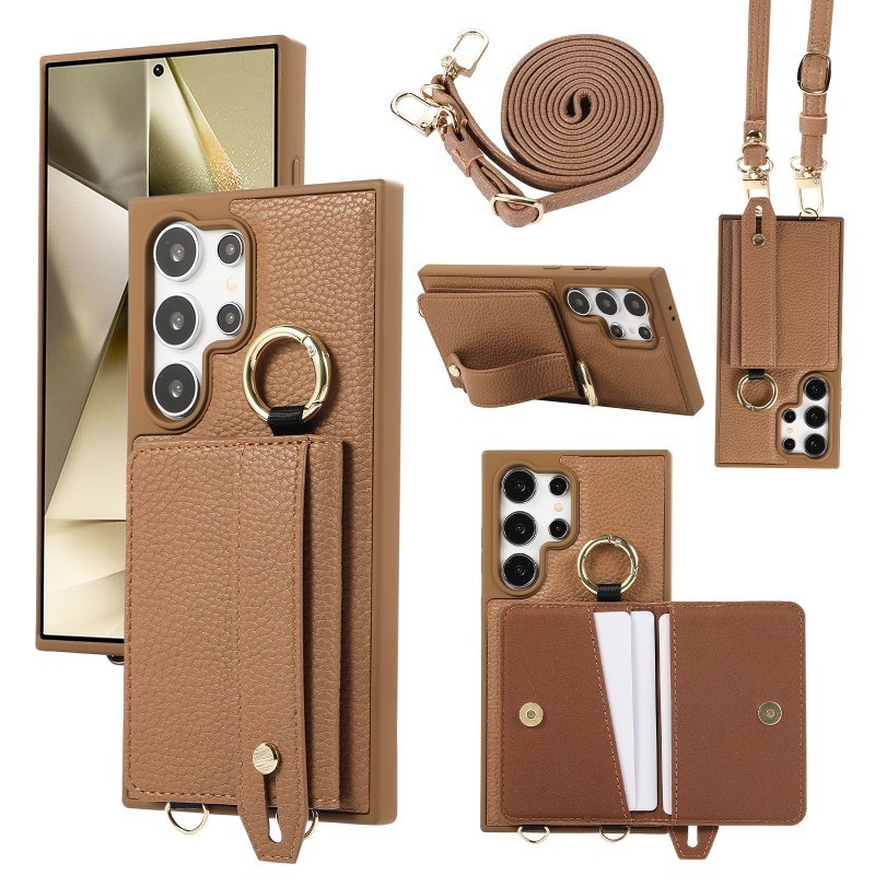 Crossbody สายรัดข้อมือแหวนเคสโทรศัพท์สําหรับ Samsung Galaxy S24 Ultra S23 S22 Plus กระเป๋าสตางค์หนังพร้อมผู้ถือบัตรฝาครอบป้องกัน