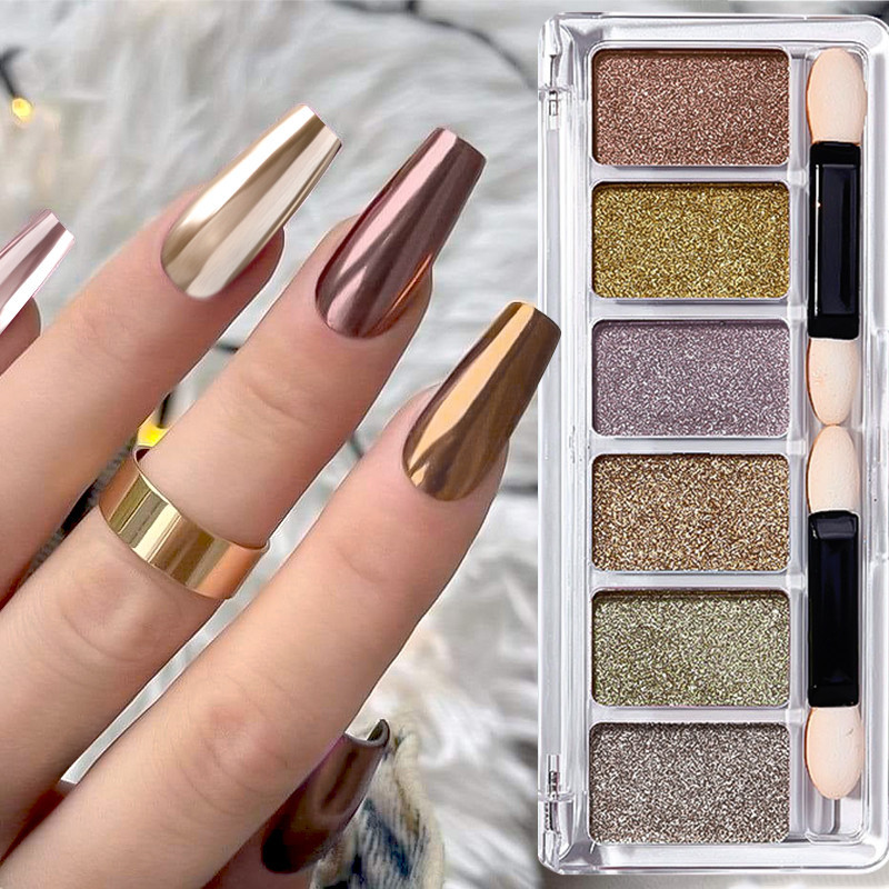 Ur SUGAR 6Grids ผงเล ็ บเมทัลลิก Glitter กระจกสีสันสดใส Chrome ฝุ ่ นสี DIY อุปกรณ ์ ตกแต ่ งเล ็ บ