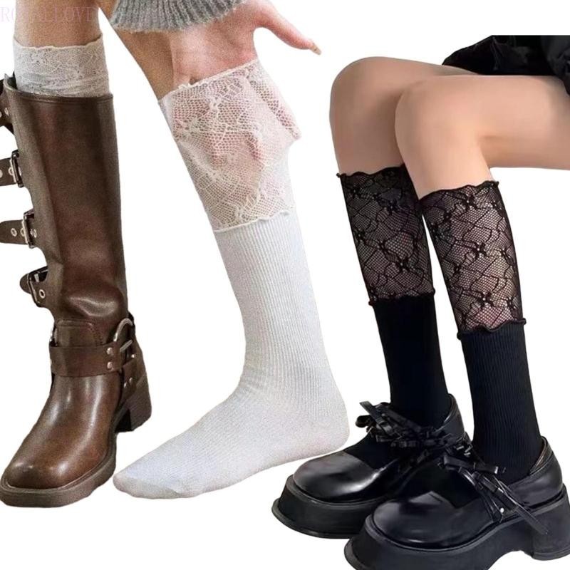 Royal ผู้หญิงลูกไม้ Patchwork Ribbed ถัก Over Calf ถุงเท้ายาวญี่ปุ่น JK หวาน Frilly Ruffle เข่า Boot ถุงเท้าถุงน่อง