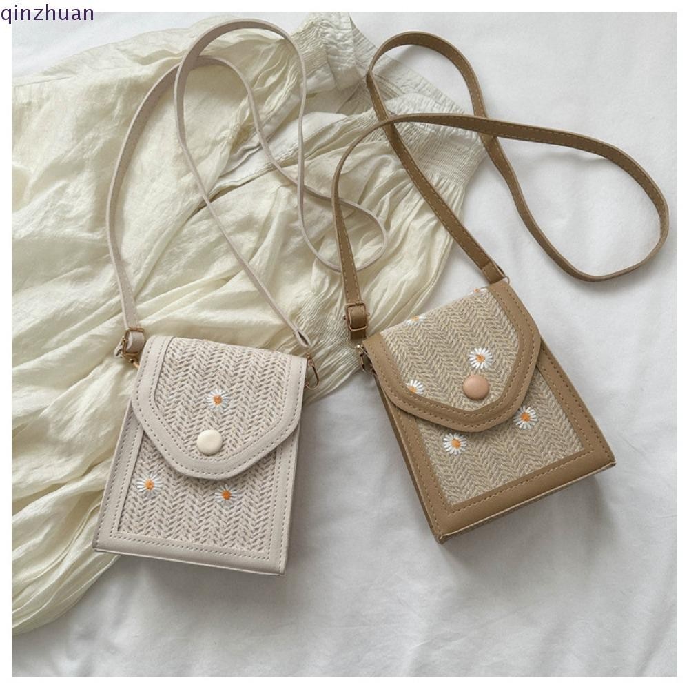 Qinzhuan Straw Plaited Phone Bag, Dacron Straw Embroidery Bag, Little Daisy Phone Pouch