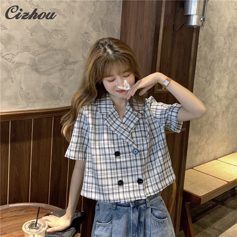 Cizhou POLO เสื ้ อเชิ ้ ตคอปกสไตล ์ เกาหลีลายสก ๊ อตทุกการแข ่ งขัน