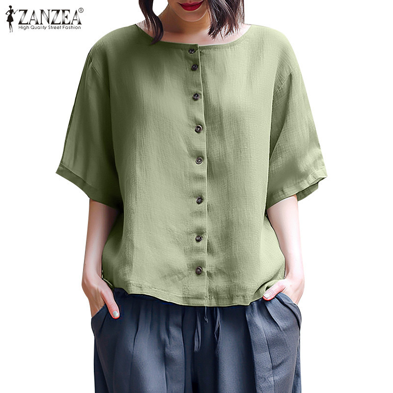 Zanzea เสื ้ อเชิ ้ ตคอกลมแขนสั ้ นพื ้ นผิวหลวมลําลองสําหรับผู ้ หญิงเกาหลี