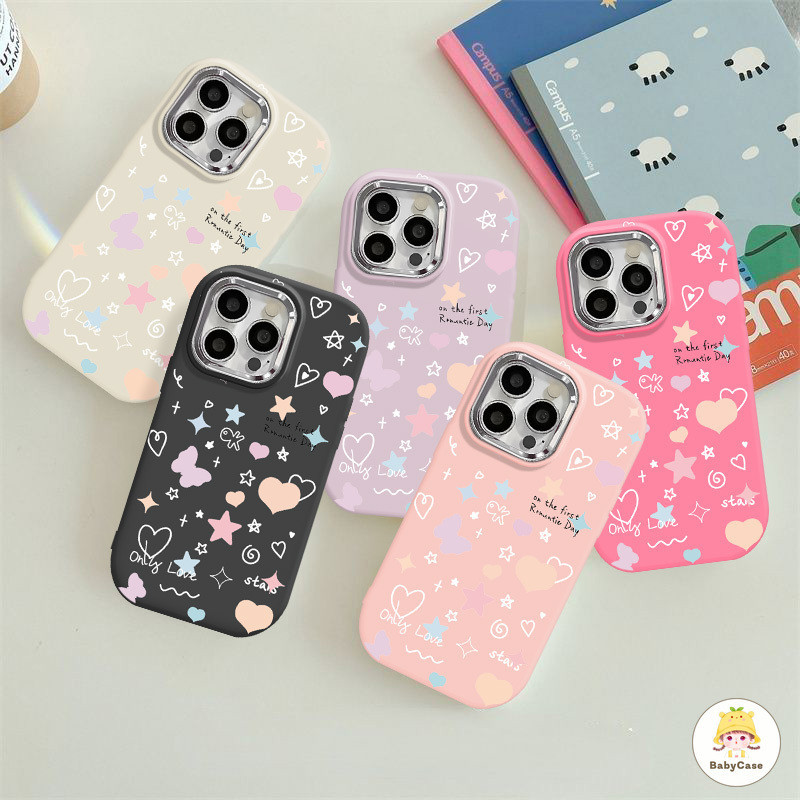 สร้างสรรค์ดาวผีเสื้อหัวใจรัก Graffiti โลหะเลนส์ซอฟท์แขน iPhone 11 13 12 14 15 Pro Max X XR XS Max 8 7 14 15 Plus SE 2020