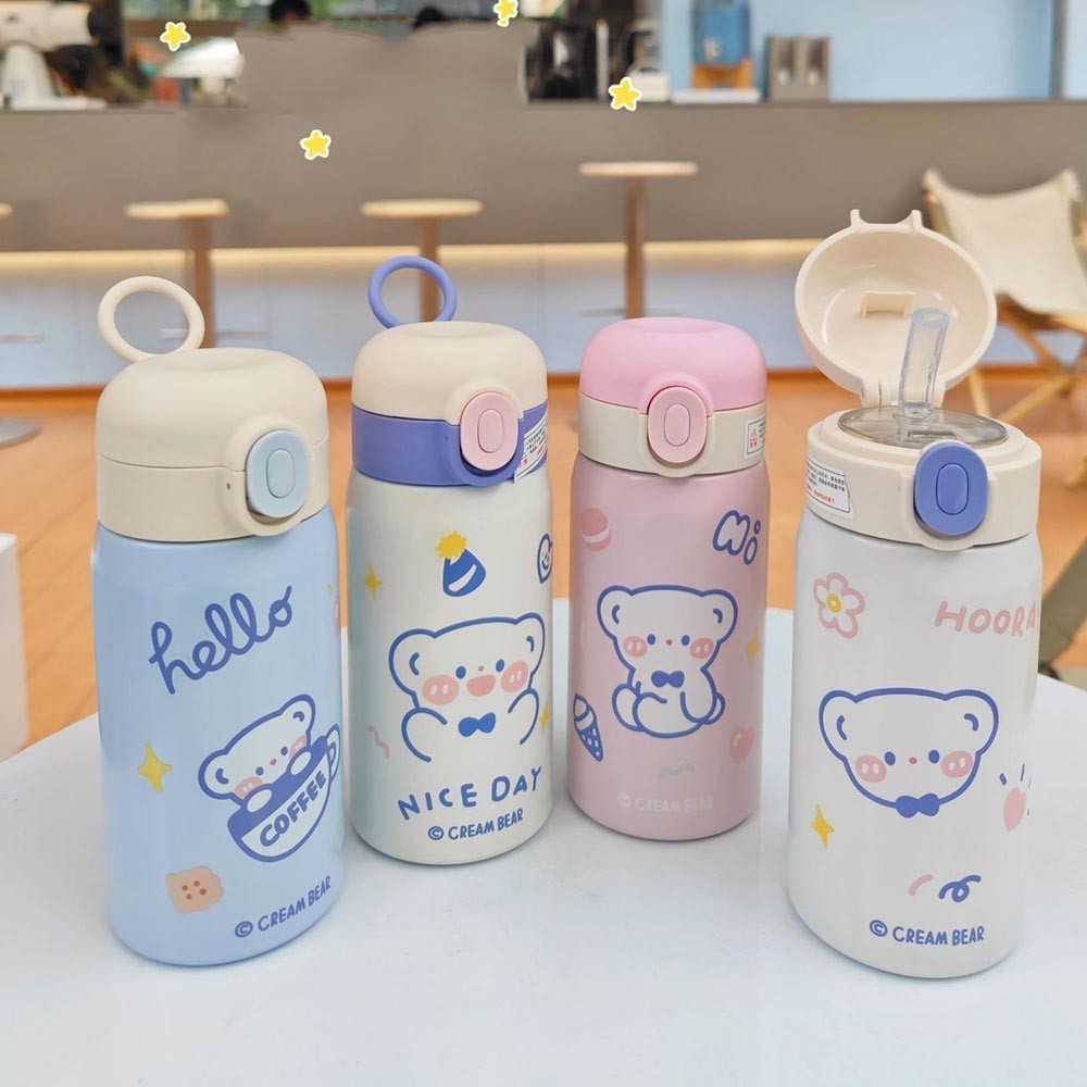 กระติกน้ําสุญญากาศ สเตนเลส ลายการ์ตูน ขนาด 350 มล. 500 มล. พร้อมหลอด แบบพกพา สําหรับเด็ก