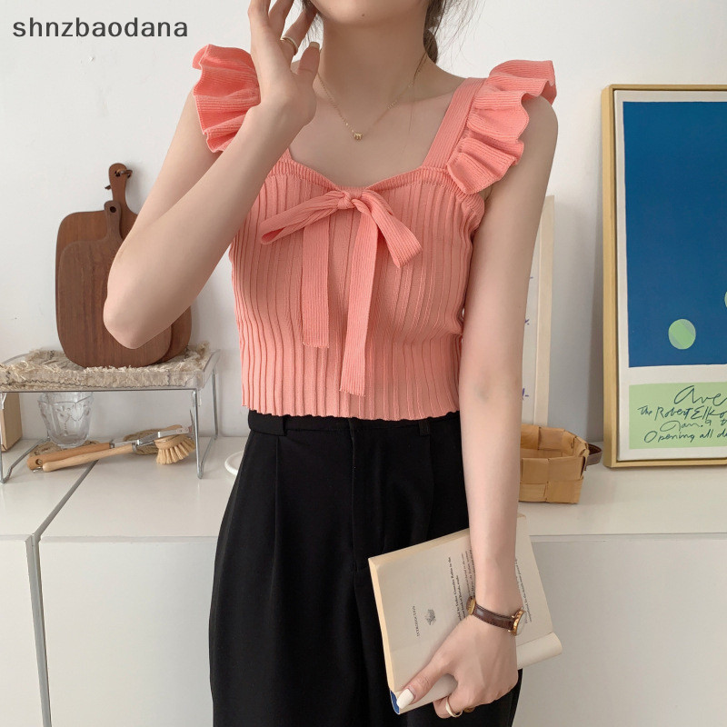 [SHNZAA] Summer Knit Bowknot Ruched Straps Stretched Camisole Sweet Slim s Crop Tops FSSG
