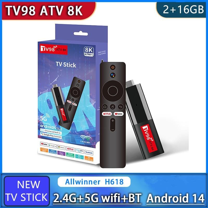 Tv98 ATV 8K Allwinner H618 Tv Stick 2.4/5G Wifi BT5.0 2Gb 16Gb Android 14.0 Smart Media Player Tv St