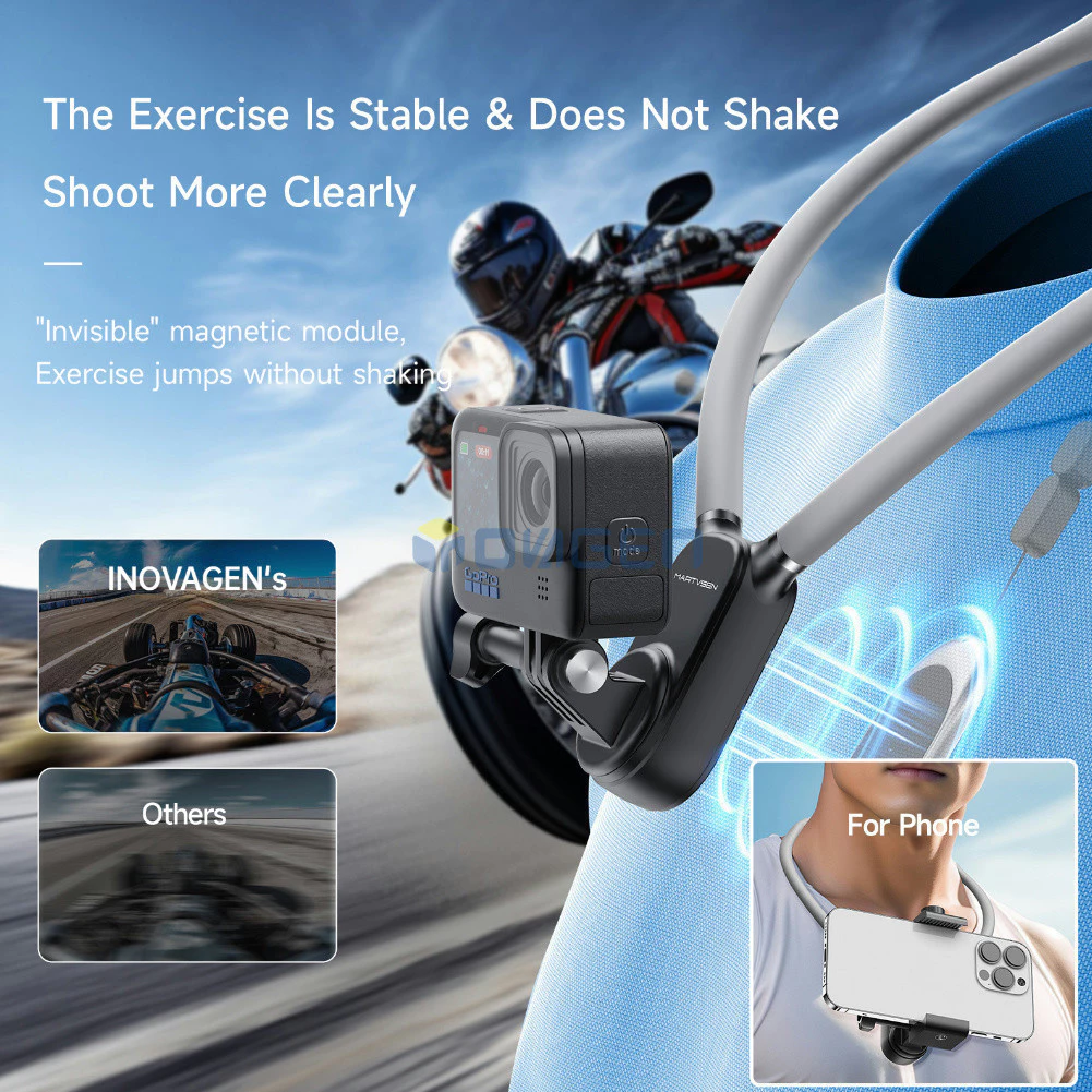 Inovagen แม่เหล็ก Anti-Shake POV/Vlog คอ Mount ผู้ถือโทรศัพท์สําหรับโทรศัพท์และ Action กล้อง DJI,GoPro Max,Insta360,เติมแสงใช้งานร่วมกับ,สายคล้องคอ Mount Lanyard thumbnail 5