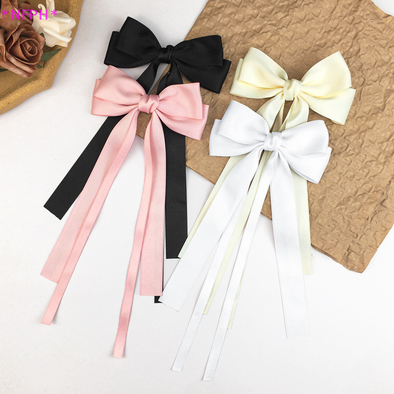 NFPH>VINTAGEขนาดใหญ่โบว์แนวโน้มยาวริบบิ้นHairpins Barrettes Headwearสําหรับผู้หญิงสาวอุปกรณ์เสริมผมเครื่องประดับงานแต่งงานใหม่